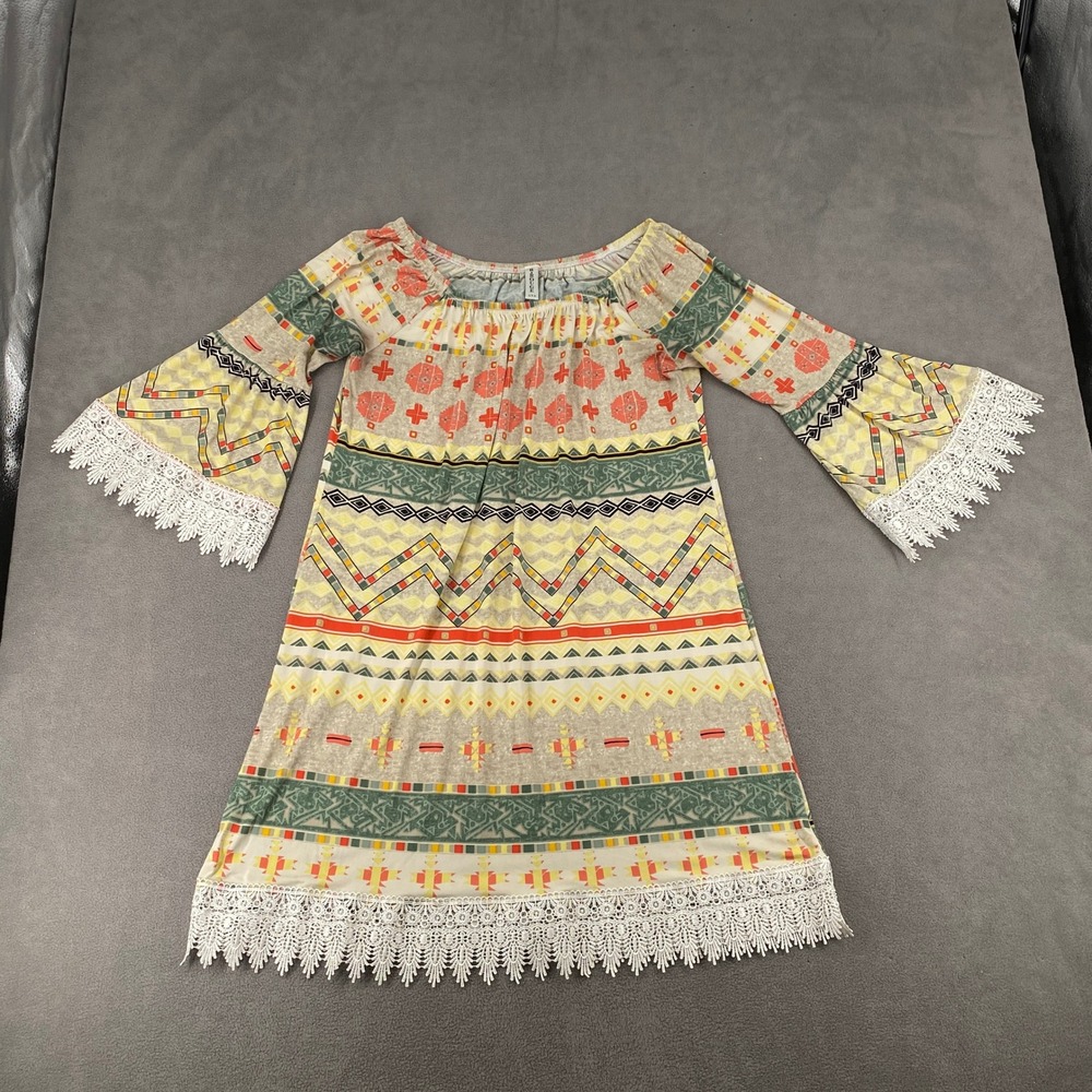 Boho Tribal Print Bell Sleeve Mini Dress with Crochet Lace Trim Yellow Green S